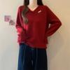 Fashion Sweet Tassel V-neck Red Pullover Sweater Women Autumn and Winter New Thick Warm Knitted Sweaters Women Elegant Solid Casual Jumpers Tops 25841