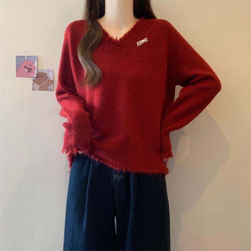 Fashion Sweet Tassel V-neck Red Pullover Sweater Women Autumn and Winter New Thick Warm Knitted Sweaters Women Elegant Solid Casual Jumpers Tops 25841