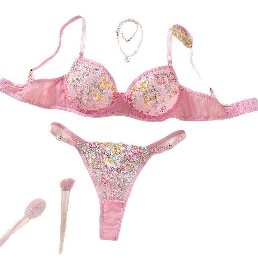 Pink embroidered mesh erotic underwear pure desire thong bra two-piece set small chest gathering sexy hollow set