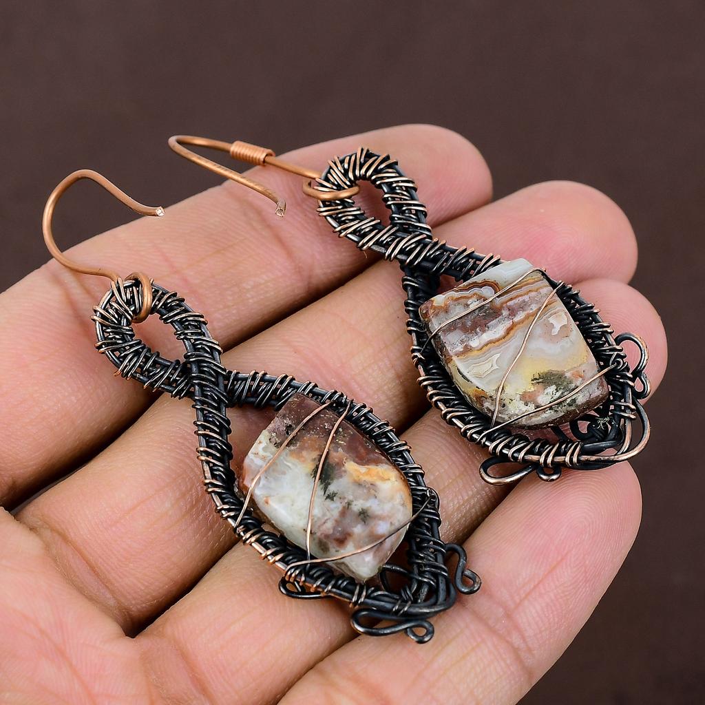 Natural Crazy Lace Agate Gemstone Handmade Copper Wire Wrap Earring 2.76 z5Q22
