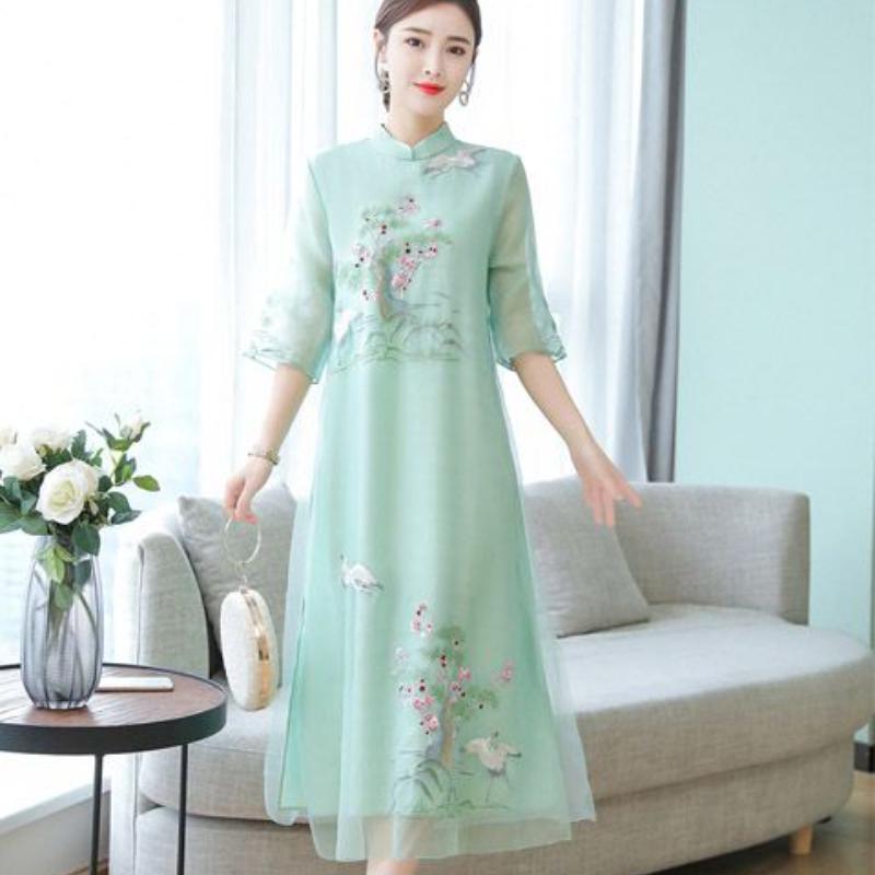 Женское улучшенное платье Cheongsam, элегантное длинное платье с вышивкой в ​​стиле ретро, ​​праздничное платье с цветочным принтом, китайская женская одежда высокого качества