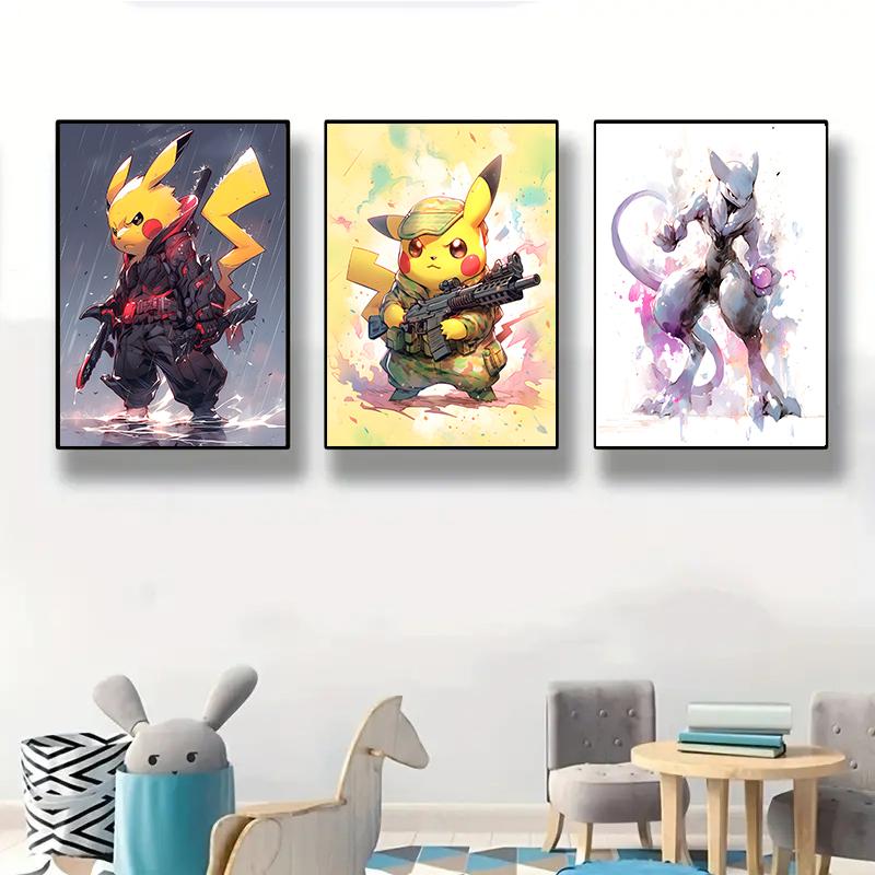 Japanese Anime Cartoon Canvas Painting Pokemon Pikachu Mewtwo Posters Mural Pictures Wall Art Kids Room Aesthetic Decor Cuadros