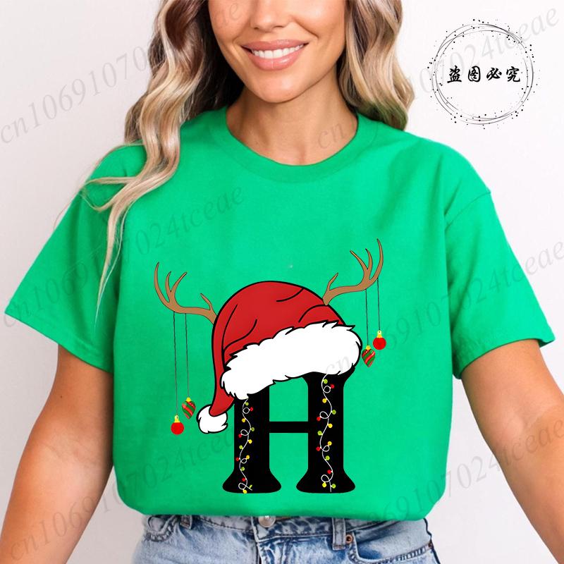 Fashion Merry Christmas Gift for Female Clothing Christmas 26 Alphabet Print TShirt for Women Casual Xmas Tees Short Sleeve Top