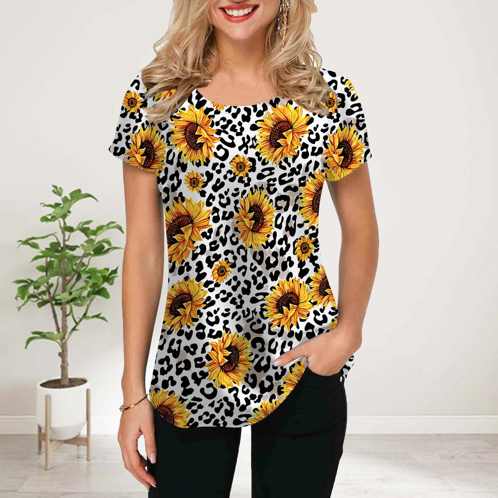 Женская летняя футболка с черным принтом подсолнуха, футболки с коротким рукавом, повседневные топы с принтом