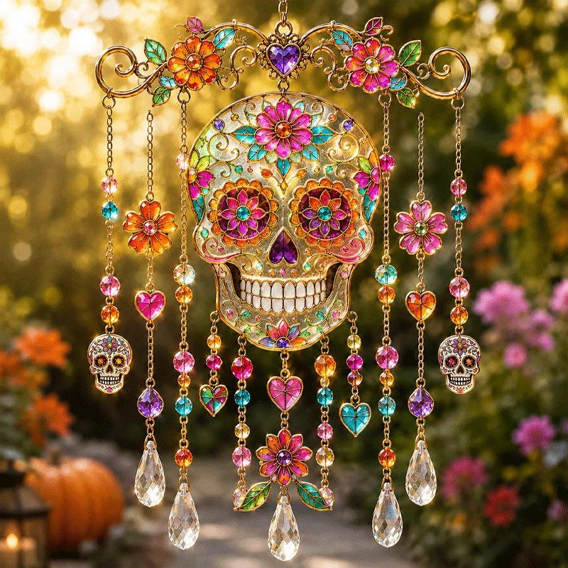 Halloween Suncatcher Wind Chime Hanging Ornament Window Garden Party Decor Spooky Ghost Pumpkin Bat Skull Witch Hat Black Cat Moon