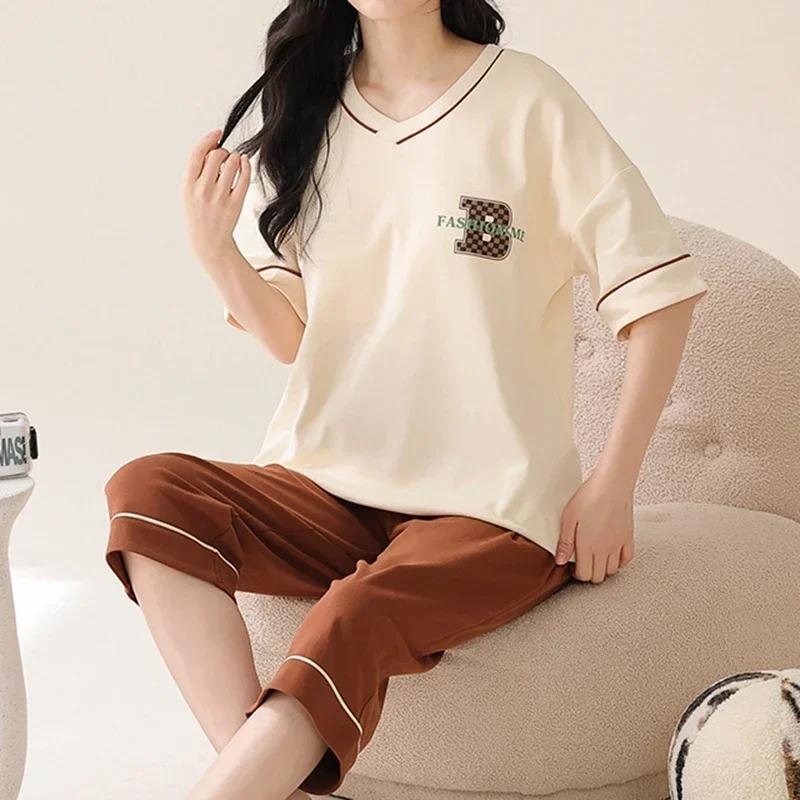 Летние пижамы-капри для женщин, повседневные пижамные комплекты с мультяшными лацканами, милая пижама для девочек из мягкого хлопка