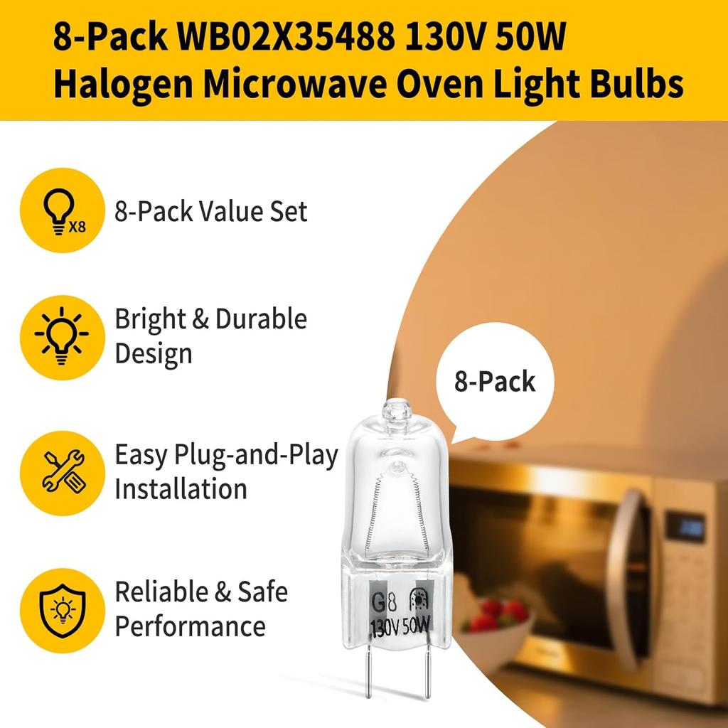 8-Pack 130V 50W Halogen Microwave Oven Light Bulbs, Compatible with GE Microwave Oven Models CVM, DVM, HVM, JNM Series - Replaces WB02X35488,