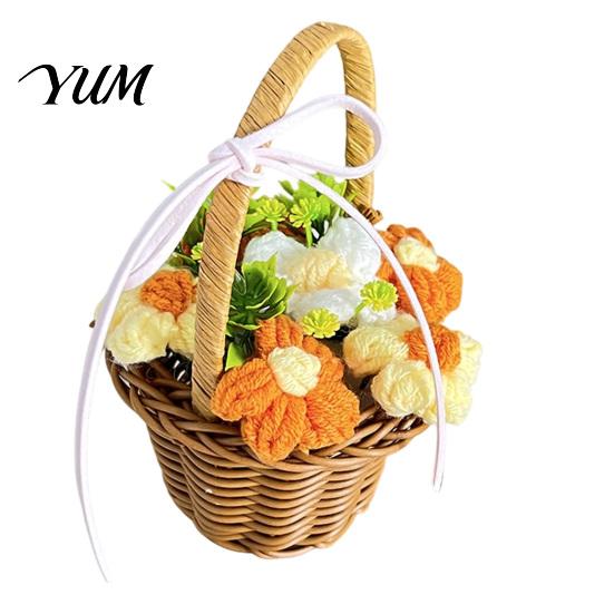 Handmade Woolen Flower Decor Hand Knitted Wool Basket, Decorative Mini Crocheted Floral with Gifts for Special Occasions Ribbon, Plant Ornament