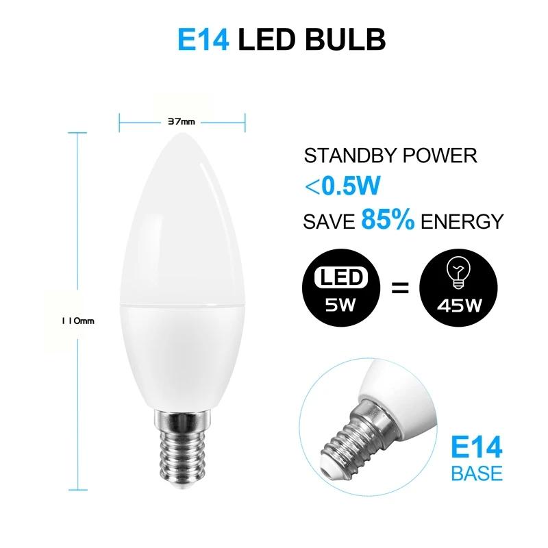 Светодиодная интеллектуальная лампочка E14 RGB Bluetooth 220 В свечные хрустальные лампы с регулируемой яркостью управления через приложение для умного дома, спальни, гостиной