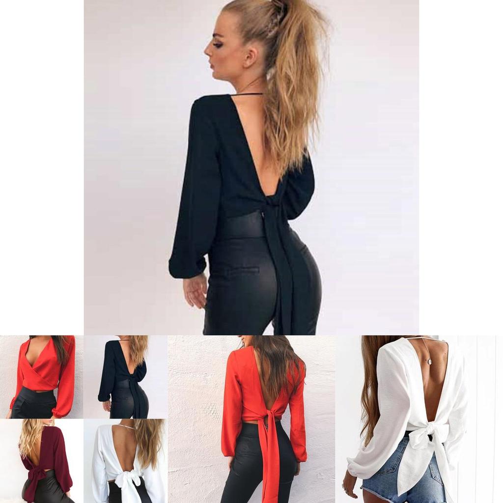 Solid Color Women Long Sleeves Backless Bandage Blouse Cross Loose Bow Tops