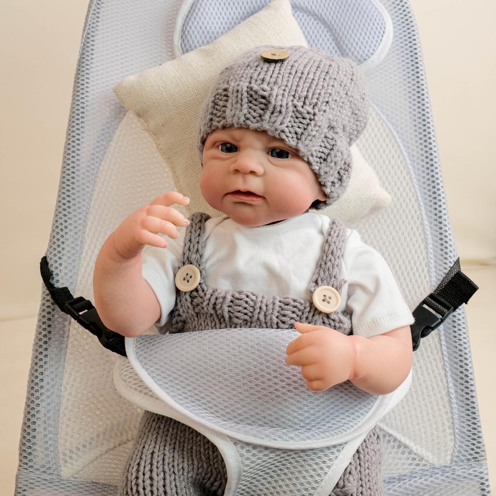 Реалистичная 18-дюймовая кукла-младенец Reborn ELIJAH в сером шерстяном комбинезоне с полным силиконовым телом, имитация куклы Rebirth, настоящие куклы-младенцы для детей, девочек и мальчиков