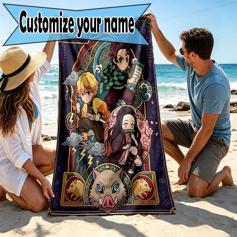 Custom Name Personalized Demon Slayer Print Beach Towel, for Trip Camping Beach Party Home Decor, Birthday Gift for Family & Friends