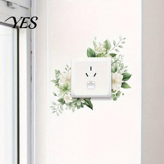 Stain Resistant Wall Sticker 4 Pcs Plants Flower Switch Stickers, Leaves Floral Light Decal, Shiny Film Decal Removable Socket for Kids Girls Bedroom