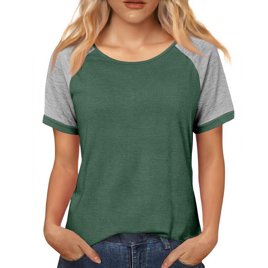 Women's Casual Loose Contrast Color Stitching Round Neck Short Sleeve Top