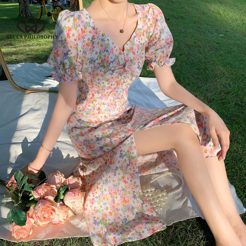Французское элегантное платье, тонкое, летнее, с v-образным вырезом, повседневное, с короткими рукавами-фонариками, шикарное цельное платье с цветочным принтом в корейском стиле, шикарное.