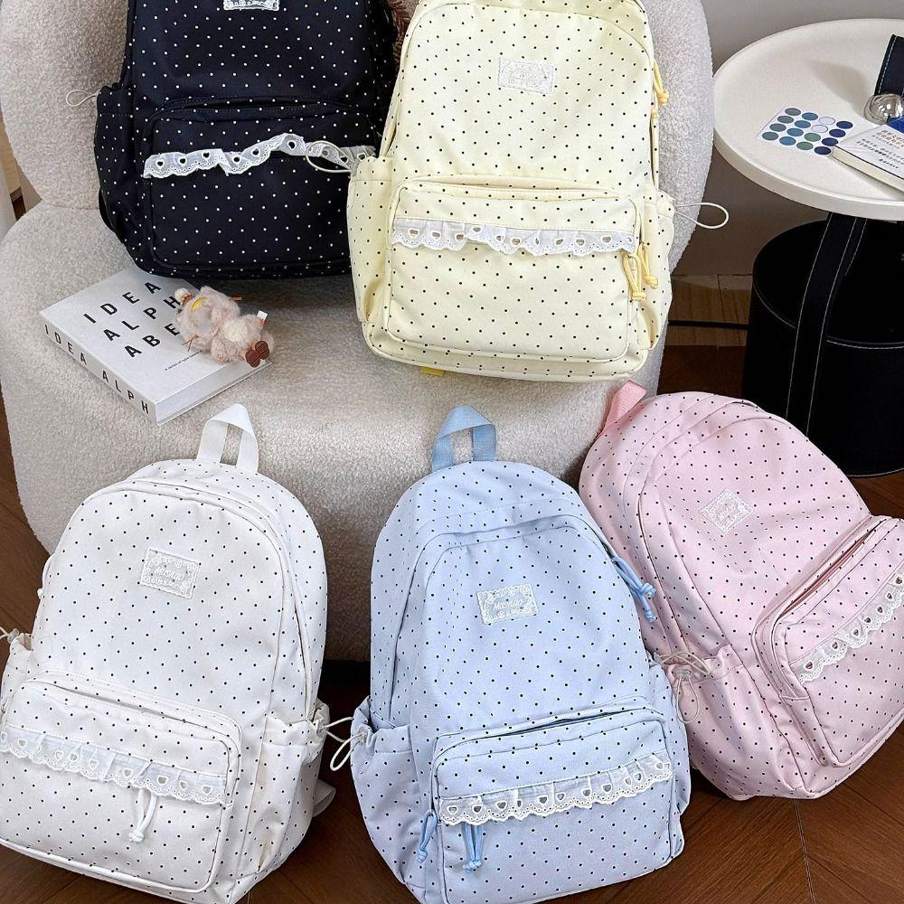 Sweet Lace Trim Rucksack Large Capacity Student School Bag Y2k Polka Dot Backpack Outdoor Use