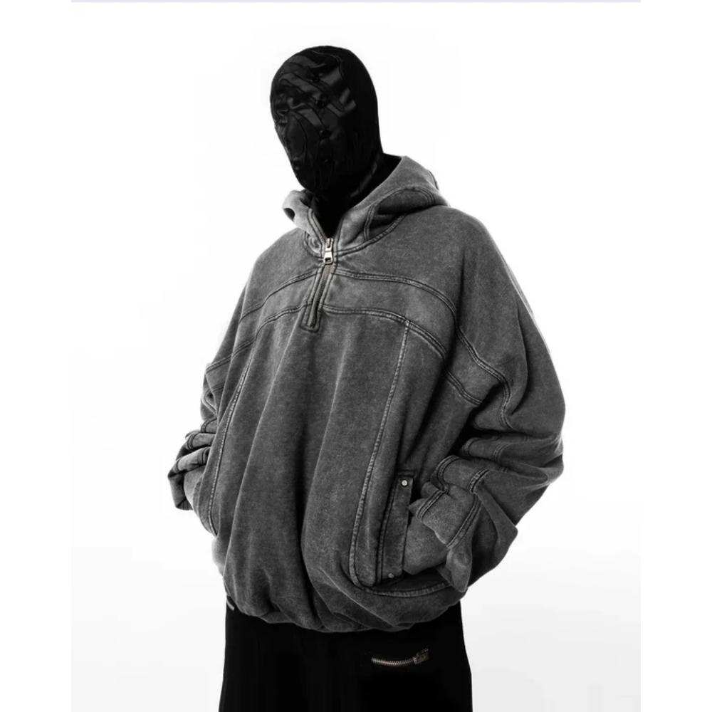 Худи-балаклава RogueWave Classic для мужчин, выстиранный серый, пуловер-свитшот в стиле ниндзя, хип-хоп, с вставками, y2k, винтажный, зимний, уличная одежда, парные топы