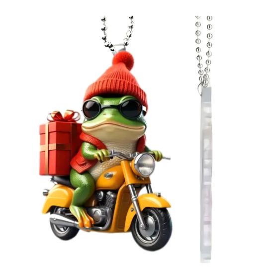 Christmas Frog Ornament Cartoon Frog with Santa Hat Riding Motorcycle Acrylic Pendant Xmas Tree Hanging Decoration for Tree Window Car Decor