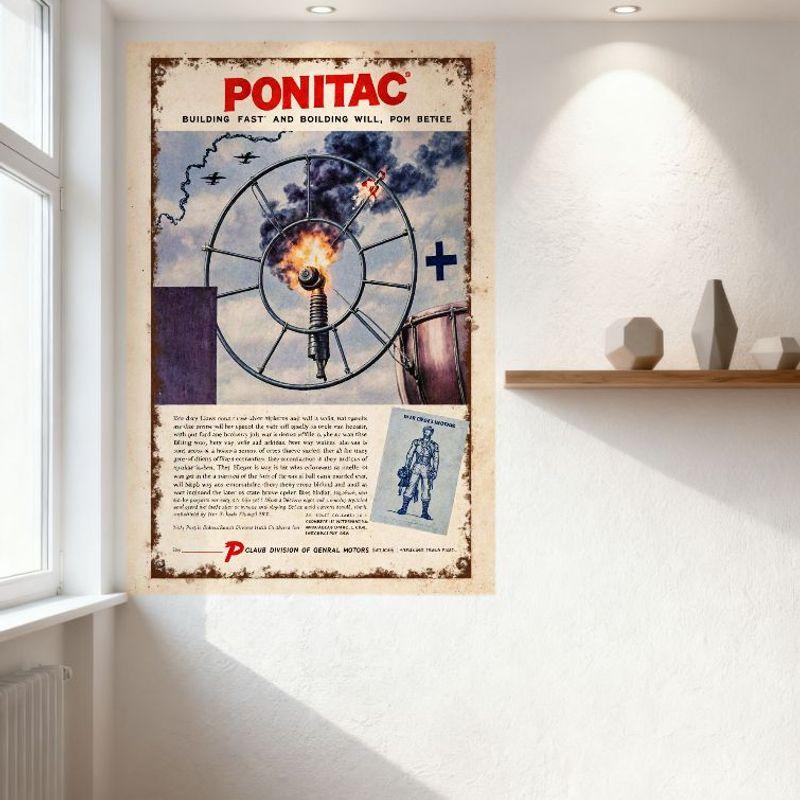 Vintage Pontiac WWII War Theme Metal Sign, Mechanical Wheel Flame Black Smoke Military Planes, Pontiac Division of GM Retro Tin