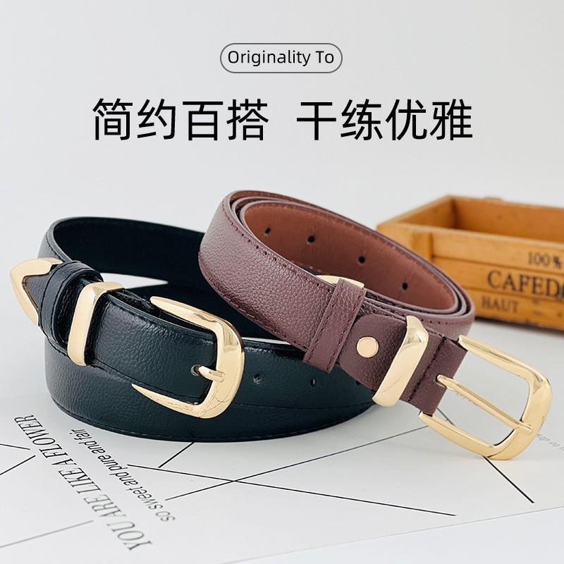 Womens Vintage Black Belt Gold Pin Buckle Thin PU Leather Jeans Casual Fashion