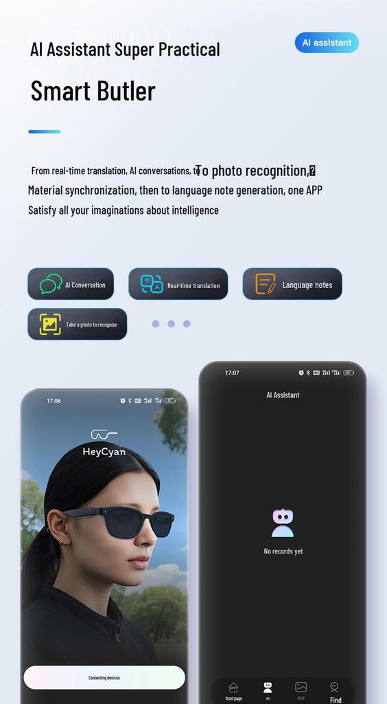 AI Smart Glasses with 800W Camera for Photos, Videos, Image Recognition, and Translation.