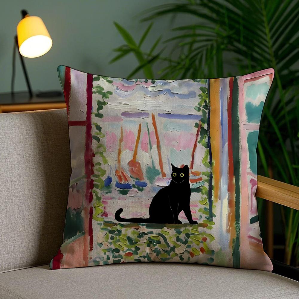 Cute Black Cat Oil Painting Cushion Cover Plush Fabric DoubleSided Printed Invisible Zipper Sofa Pillow Case Home Bedroom Decor