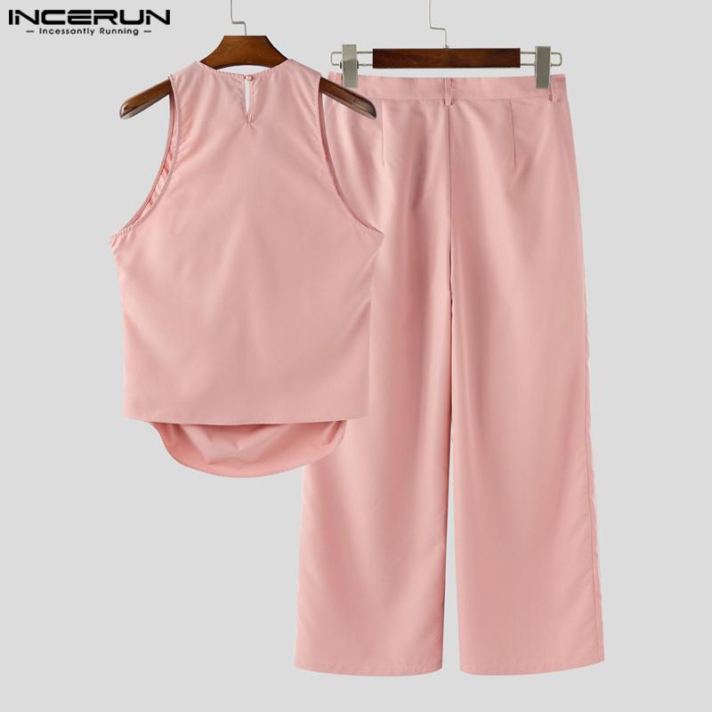 INCERUN Two Pieces Sets Men Swing Collar Sleeveless Ruffled Tanks Long Pants Outfits