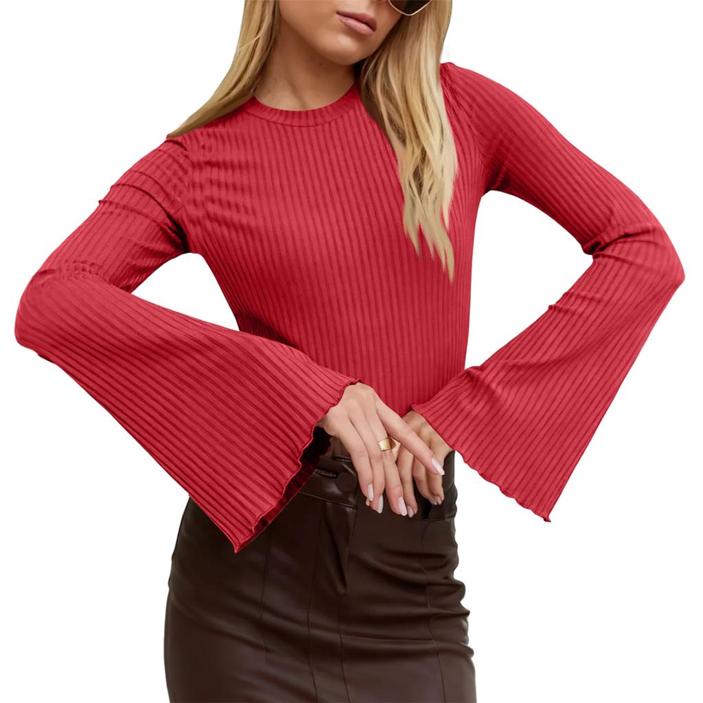 Женский модный однотонный топ с длинными рукавами-клеш