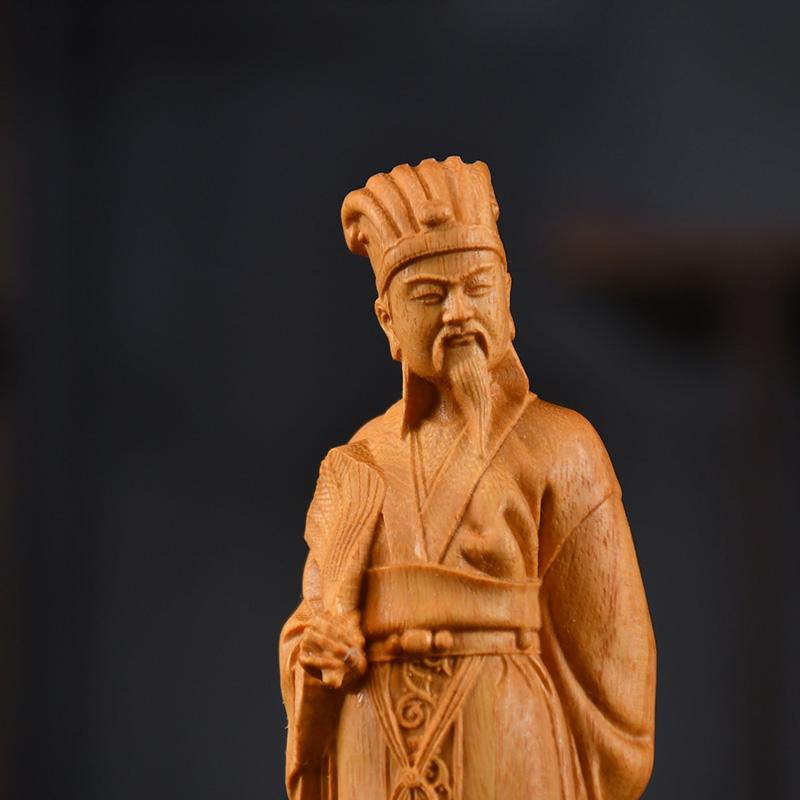 Wood Carving Zhuge Liang Sculptures Figurines Historical Figure Home Room Office Decoration and Accessories Commemorative Gift