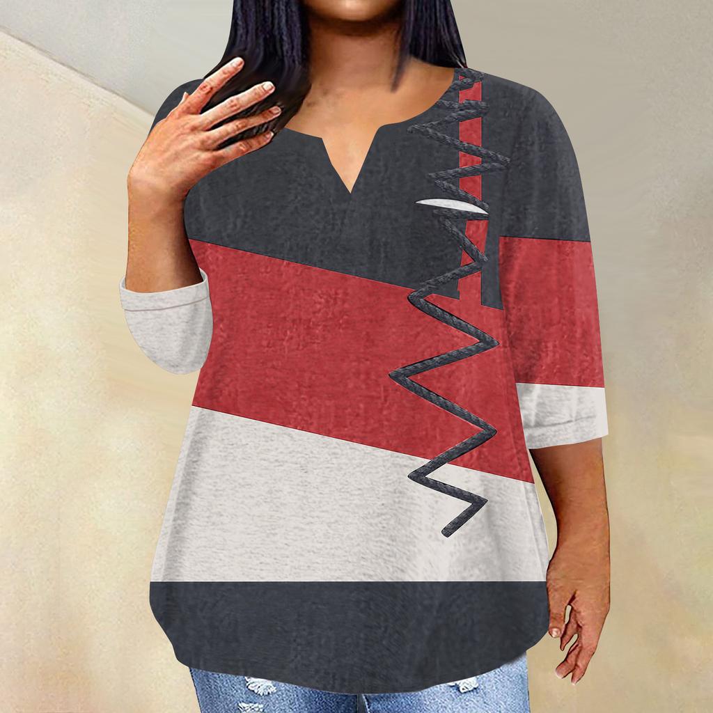 Женский модный повседневный пуловер с рукавами три четверти и V-образным вырезом с принтом, топ с рукавами 4/3