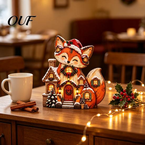 Seasonal Home Accents Christmas Wooden Fox Village House Table Ornament, Wood Block Tabletop Vintage Style Decor Centerpiece for Farmhouse Winter