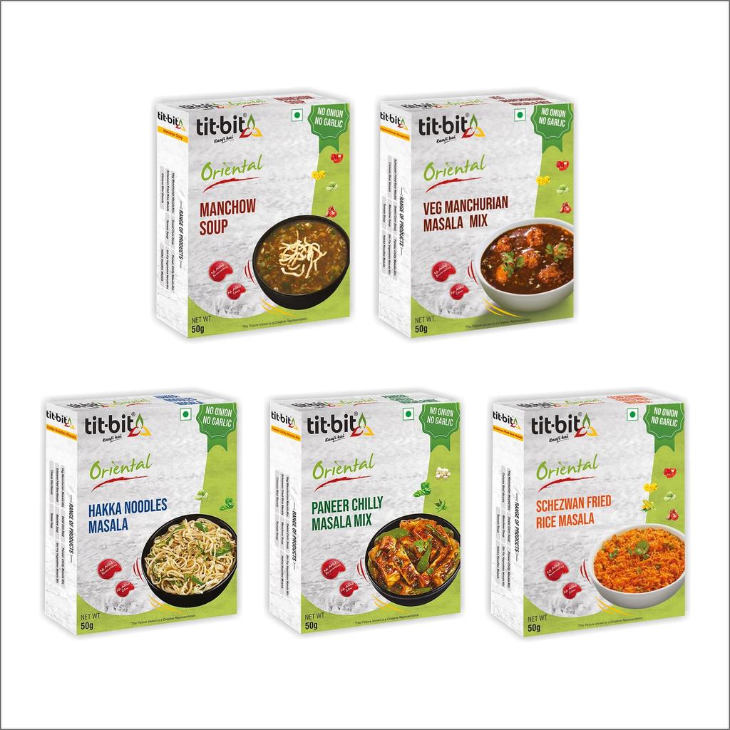 Tit-Bit Oriental - No Onion No Garlic Chinese Masala Easy to Cook & Ready to Eat Foods - Pack of 5