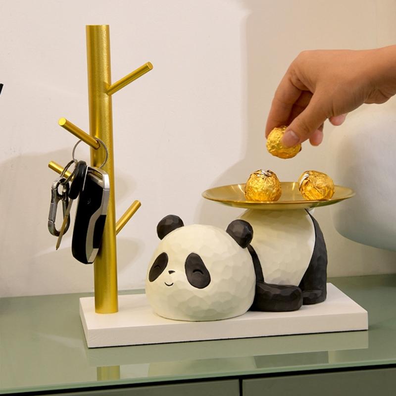 Decorative Panda Resins Statue with Storage Tray for Key and Trinkets Animal Sculpture Entryway Living Room Table Decors