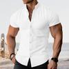 Men Shirt Stand Collar Solid Color Single-breasted Slim Fit Cardigan Short Sleeves Soft Mid