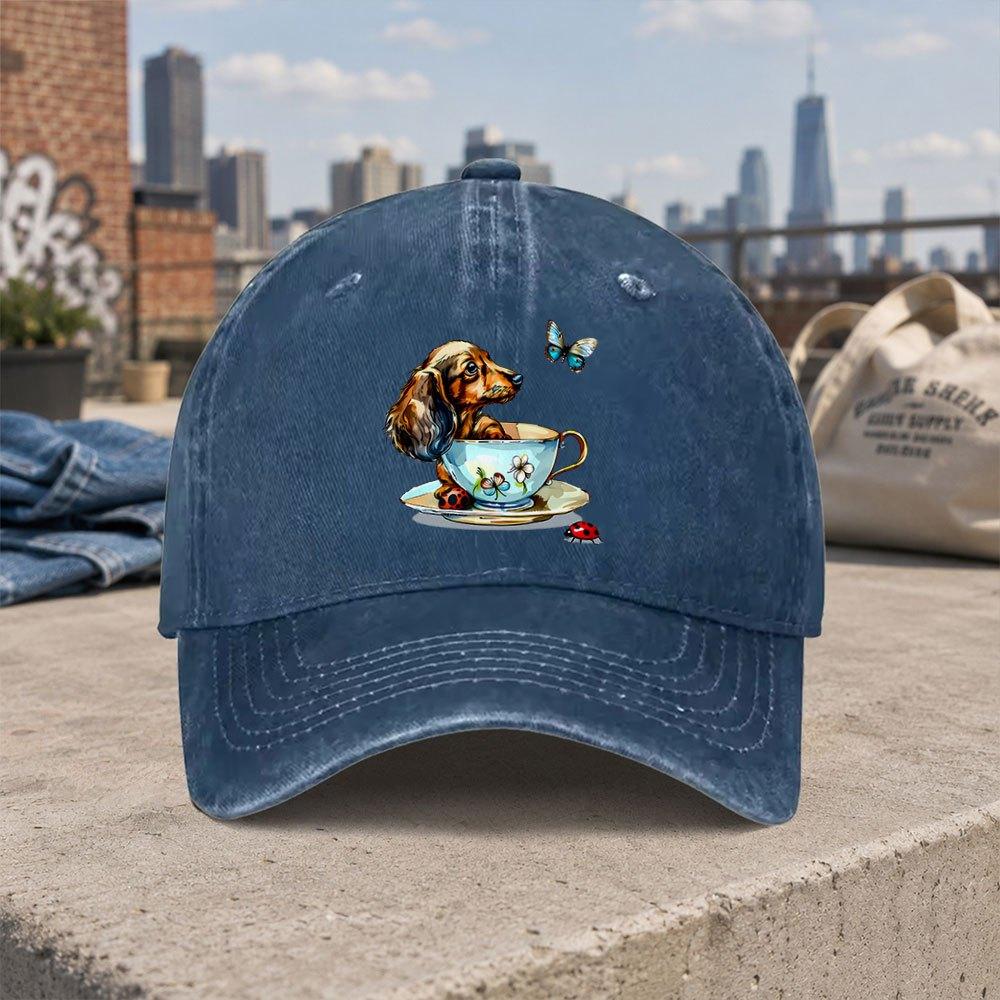 Teacup Sausage Dog Retro Washed Baseball Cap Unisex Dad Hat for Daily Wear Holiday Gift Birthday Anniversary