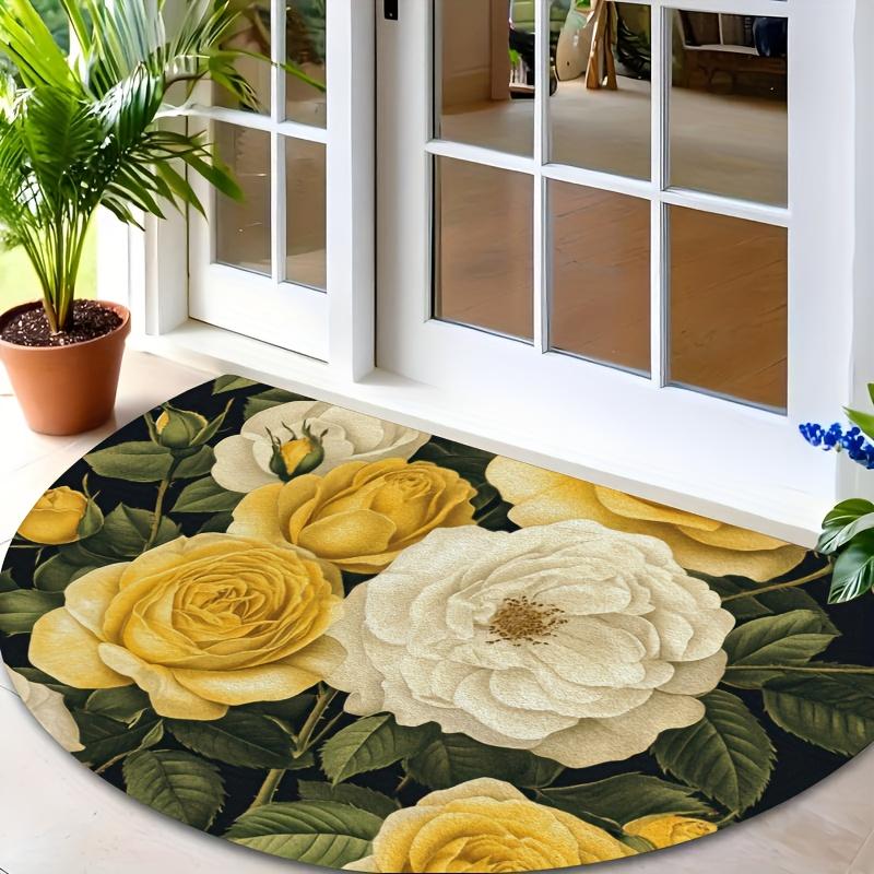 1Pcs Yellow White Rose Semi Circle Welcome Doormat Non-Slip for Outdoor Patio Porch Kitchen Bathroom Entryway Floor Mat
