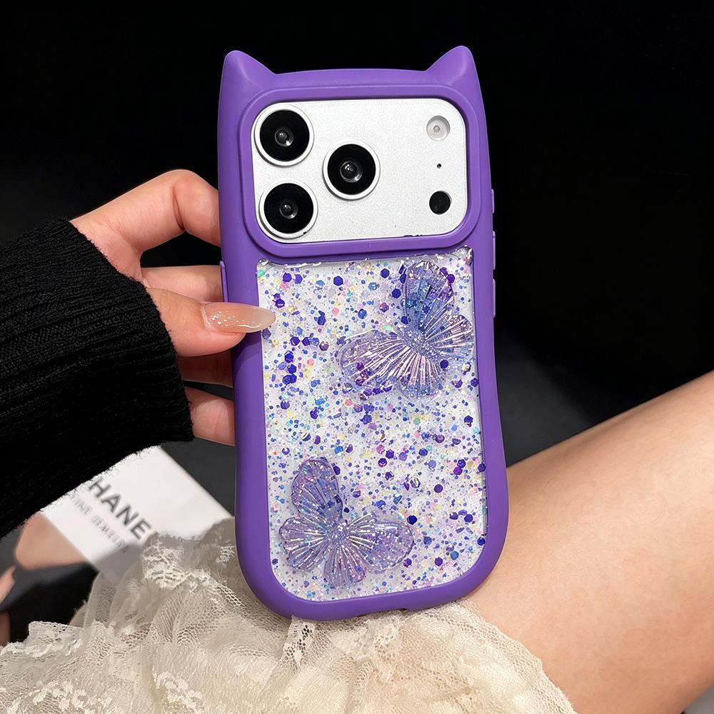 Милый Чехол-Подвеска с Ушками Кошки и Бабочкой Прозрачный для iPhone 17e 16 15 14 13 12 Pro Max 17 Air 11 Большое Окно Мягкие Края