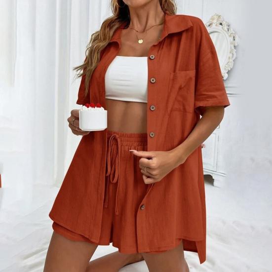 2 шт./компл. женская рубашка и шорты, комплект однотонной блузки с короткими рукавами и нагрудным карманом с лацканами