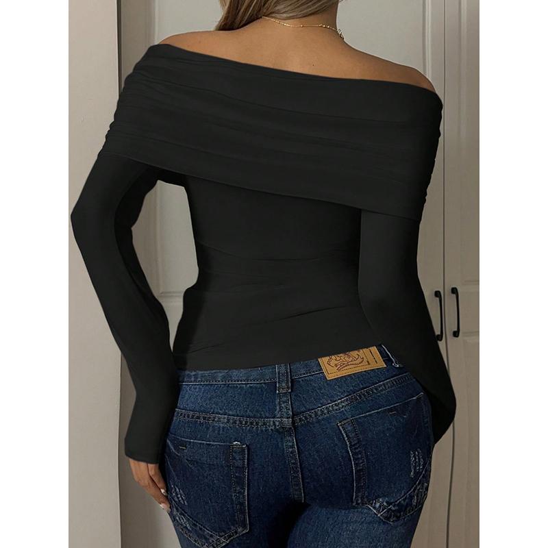 Повседневная однотонная базовая футболка с открытыми плечами для женщин, шикарный офисный стиль, пуловер с длинным рукавом, винтажная осенняя одежда