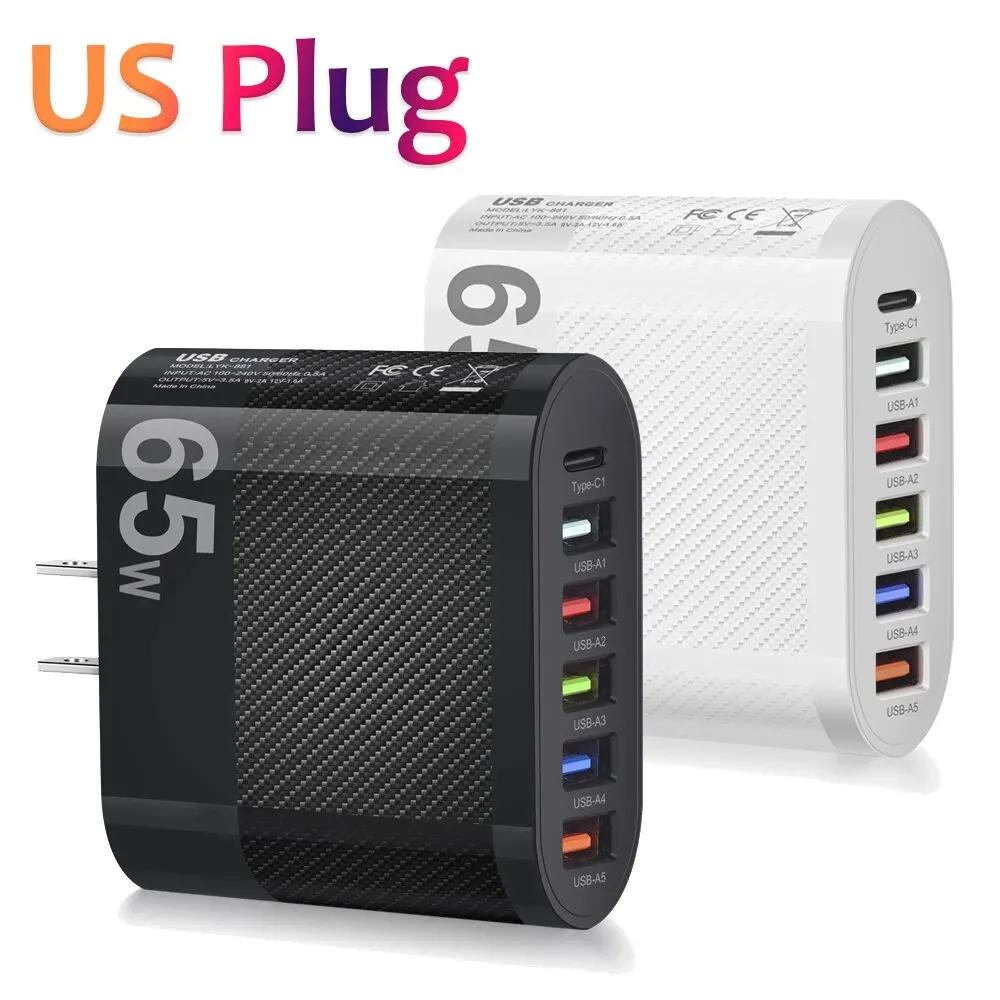 3.1A 6-портовое USB-зарядное устройство PD-адаптер Общая мощность 65 Вт Для Xiaomi iPhone 15 Samsung S24 Мобильный телефон Быстрая зарядка QC 3.0 Сетевое зарядное устройство