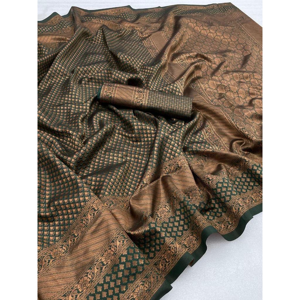 Silk Saree from the ALMAARI Store Is Adorned with Beautiful Zari Work In Form of Traditional Motifs.