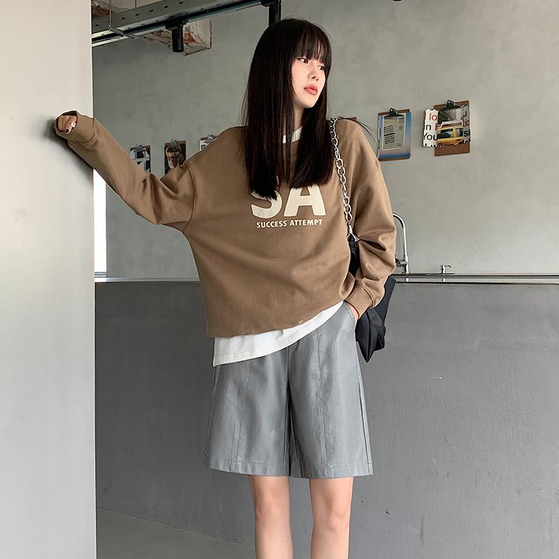 Women's Black Faux PU Leather Shorts High Waist Wide Leg Loose Pants Female Trousers