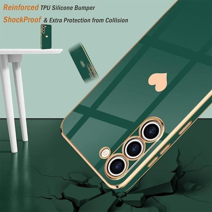 Coque - BOOLING - pour Samsung Galaxy S23 FE - Antichoc - Silicone Hybride - Vert Nuit - Motif Cœur Plaqué Or