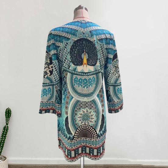 Женское летнее платье в стиле ретро с принтом в этническом стиле с длинными рукавами и v-образным вырезом, мягкое дышащее свободное платье до колена, повседневное женское повседневное платье миди