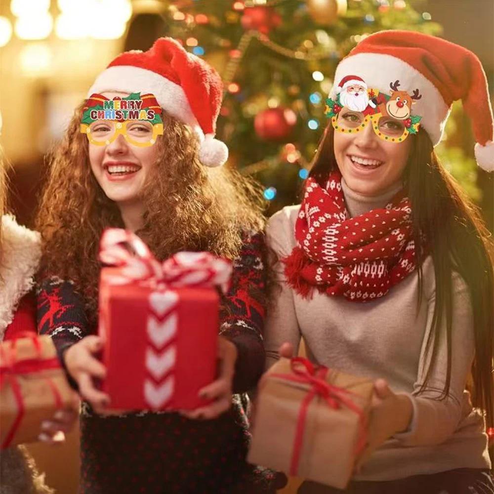 Runtow 12pcs Paper Funny Photo Props Glasses 2025 Merry Christmas Decor for Home Xmas Gifts New Year 2026 Santa Claus Navidad