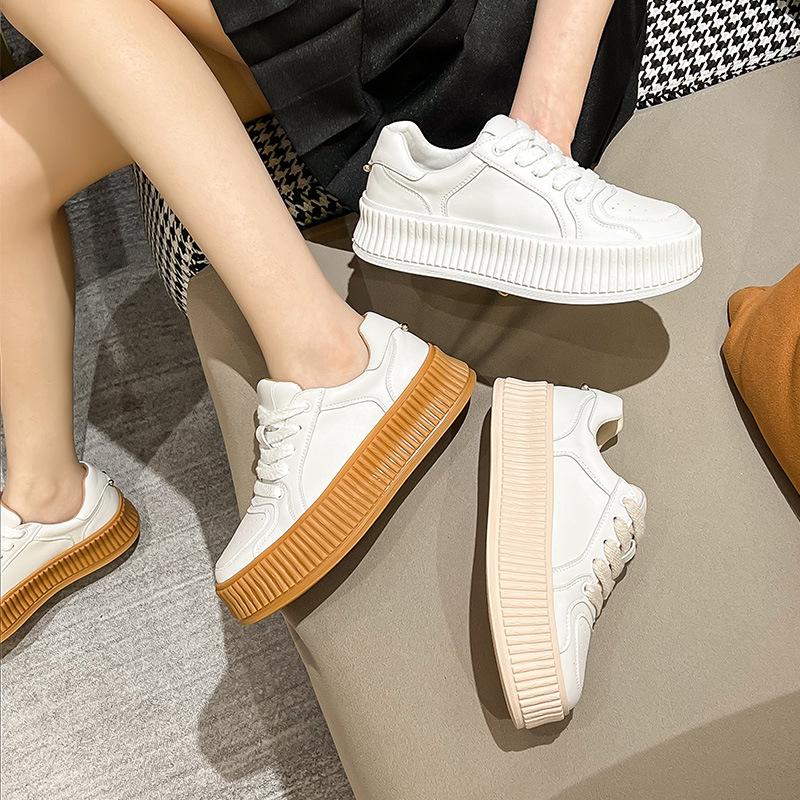 Masuism Women's White Chunky-Sole Sneakers - 2024 Autumn Height-Enhancing Casual Shoes