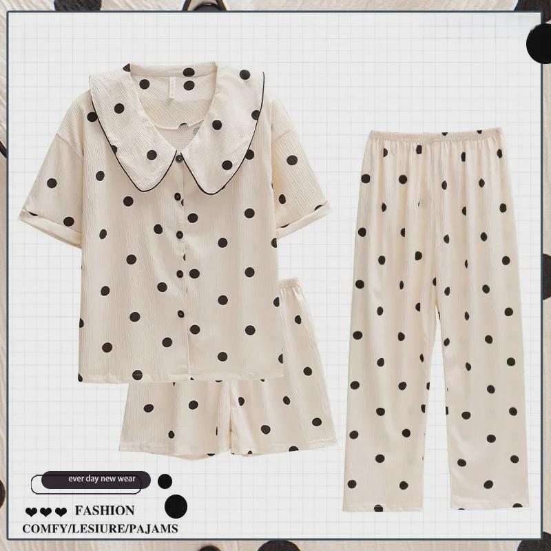 Летняя пижамная одежда Dopamine Pink Striped из хлопкового крепа - женская, с короткими рукавами, из трех предметов