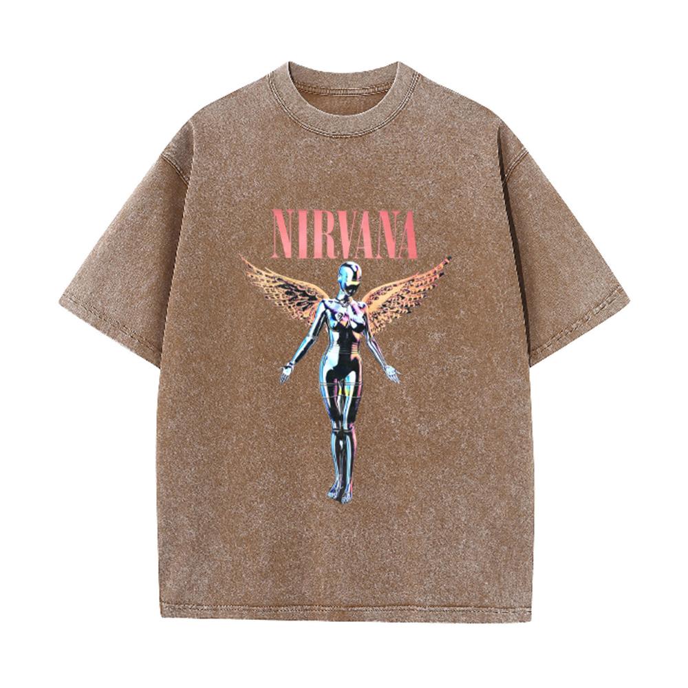 Nirvana Angel In Utero Print Vintage Washed T Shirt Rock Band Casual Topwoman Unisex