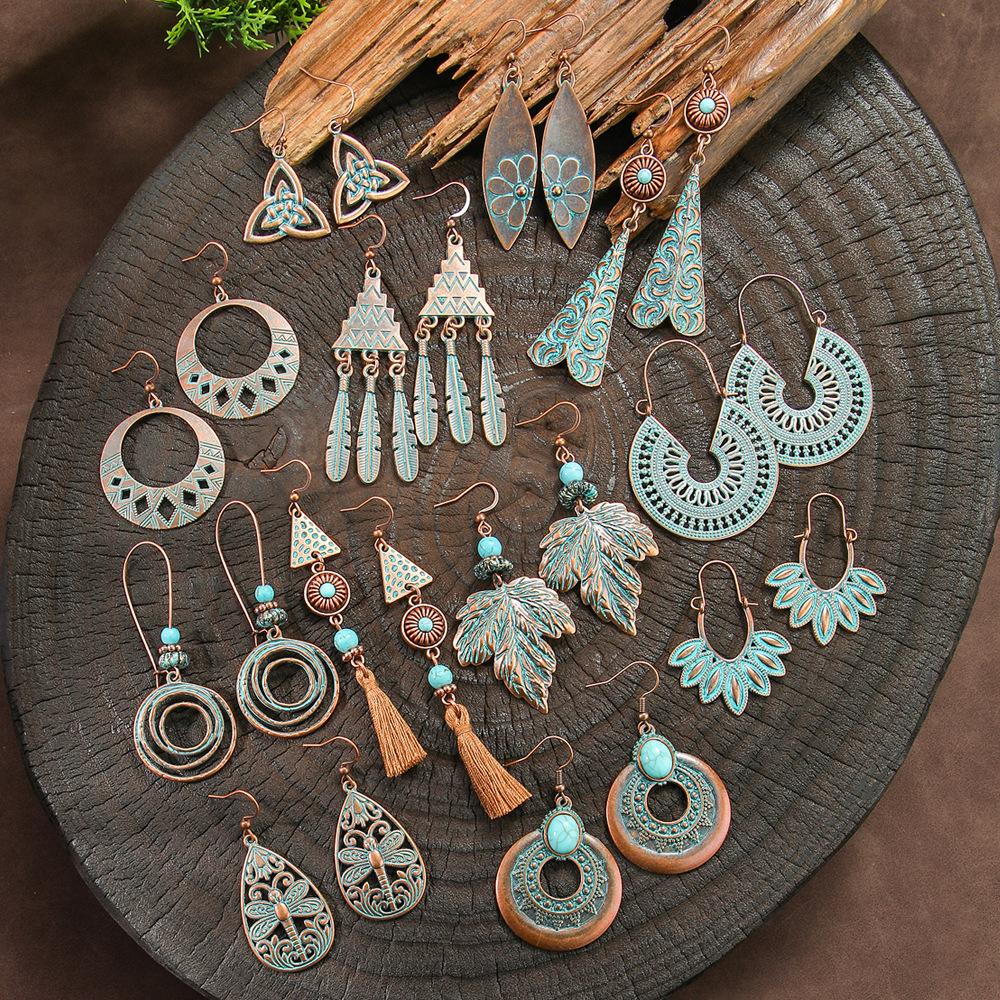 Bohemian Style Retro Earrings with Metal Geometric Hollow Out Ethnic Style Earrings