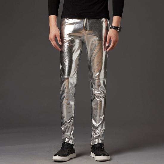 Мужские брюки-карандаш, яркая поверхность, однотонные, застежка-молния, средняя посадка, брюки из искусственной кожи, облегающие, мотоциклетные брюки, уличная одежда